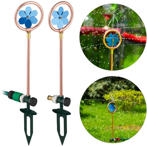   2 Aspersores Diseño Flor, Juegos Agua para Jardín, Con Estaca, Pulverizadores Agua, 55,5 x 11 cm, Cobre y Azul
