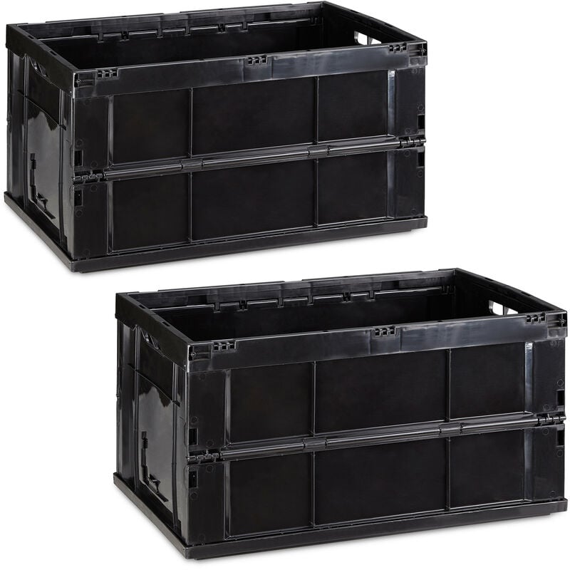 Boîte pliable couvercle, lot de 2, caisse de rangement, plastique, coffre transport 60 litres 31,5 x 58,5 x 40 cm, noir