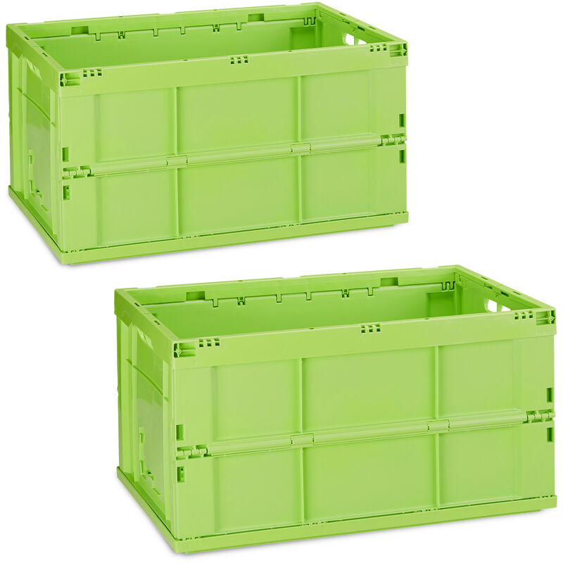 Relaxdays - Boîte pliable couvercle, lot de 2, caisse de rangement, plastique, coffre transport 60 litres 31,5 x 58,5 x 40 cm, vert