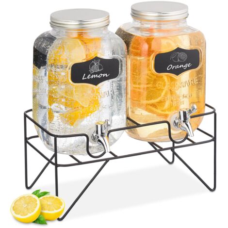 Relaxdays 2 Dispenser in Vetro per Bevande, Erogatore da 4 L con Rubinetto e Supporto, Distributore Acqua e Limonate