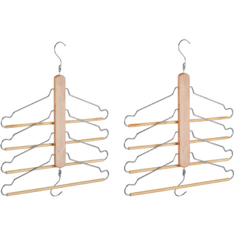 Relaxdays 2 Grucce Appendiabiti Multiple, Bastone 4 Stampelle Mobili, Ganci in Metallo, Legno, Marrone Naturale Argento