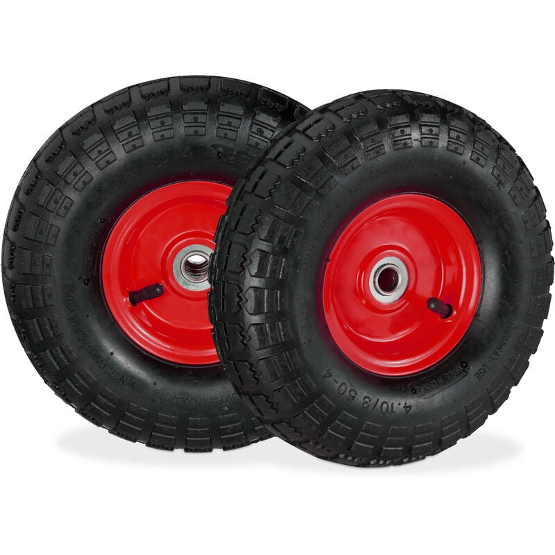Relaxdays - 2 roues pour diable 4.1/3.5-4, avec air, axe de 136 mm, jusqu'à 136 kg, jantes acier 260x85 mm, noir-rouge