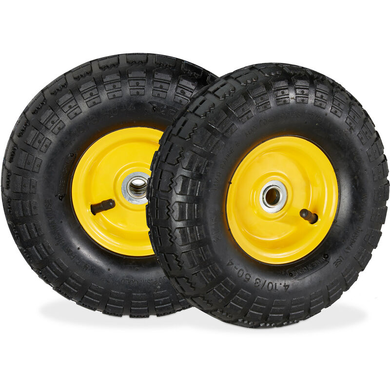 Relaxdays - 2 roues pour diable 4.1/3.5-4, avec air, axe de 136 mm, jusqu'à 136 kg, jantes acier 260x85 mm, noir-jaune