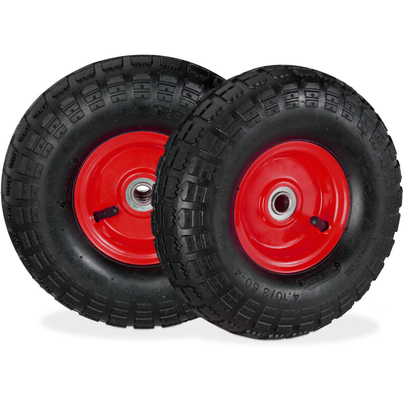 Relaxdays - Lot de 4 roues pour diable 4.1/3.5-4, chambre à air, axe de 136 mm, max. 136 kg, jantes acier 260 x 85 mm, rouge/noir