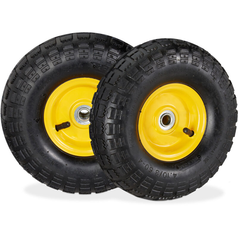 Relaxdays - Lot de 8 roues pour diable 4.1/3.5-4, chambre à air, axe de 136 mm, max. 136 kg, jantes acier 260 x 85 mm, jaune/noir