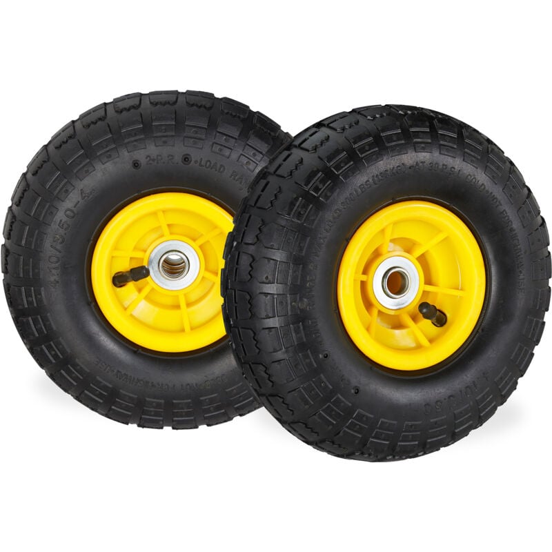 2 roues pour diable 4.1/3.5-4, de rechange avec air, axe de 16 mm, jusqu'à 136 kg, 260 x 85 mmnoir-jaune - Relaxdays