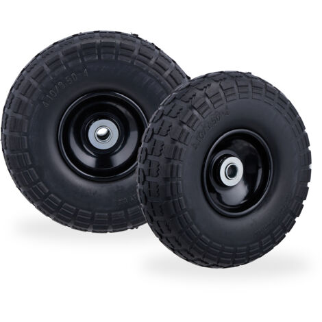 Relaxdays 2 Ruedas de Carro, Antipinchazos, Macizas, 4.10/3.50-4", Eje de 16 mm, hasta 150 kg, 260x85mm, Negro