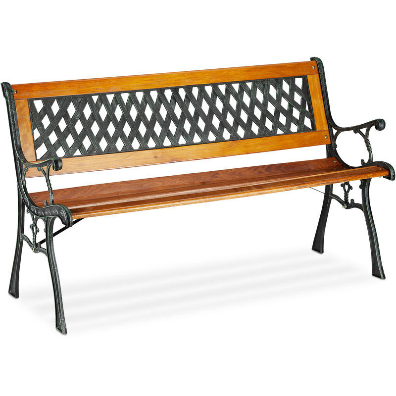 Relaxdays - 2-Seater Garden Bench, Decorative Backrest, Cast Iron, Wood, Park Bench, HxWxD 73 x 125 x 52 cm, Natural