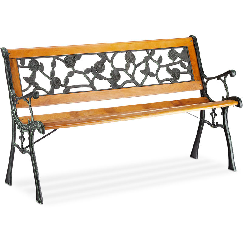 Relaxdays - 2-Seater Garden Bench with Rose Ornaments, Outdoor Balcony & Patio Seating, HxWxD 73 x 125 x 52 cm, Natural