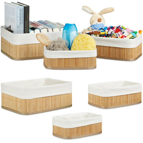Relaxdays 2 Sets, 6 Bamboo Storage Baskets, Bins in Various Sizes and Shapes, Closets and Shelves, 12.5x32x22 cm, Brown
