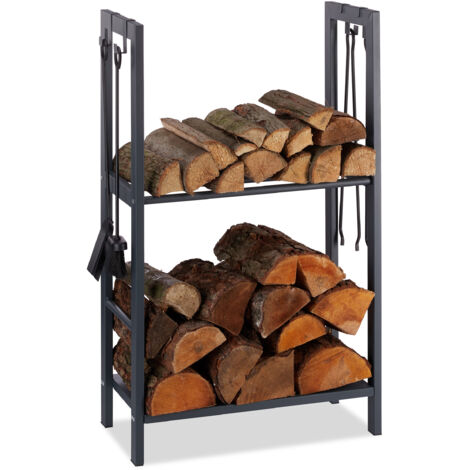 Relaxdays 2-Tier Firewood Rack, Steel Wood Pile Shelf, 4 Hooks For Fireplace Tools, 100x60x30 cm, Anthracite
