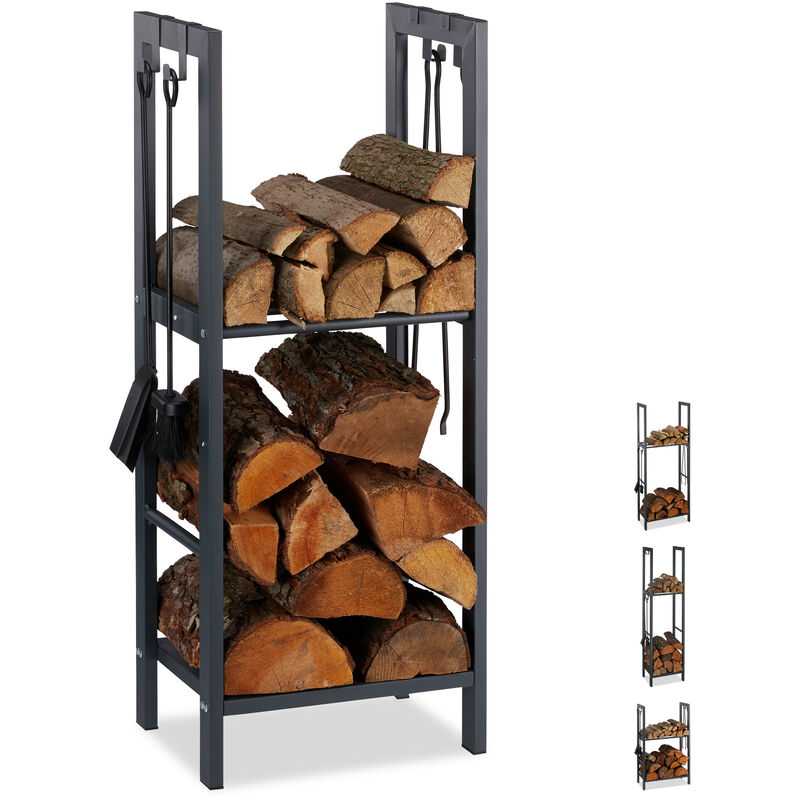 2-Tier Firewood Rack, Steel Wood Pile Shelf, 4 Hooks For Fireplace Tools, 100x40x30 cm, Anthracite - Relaxdays