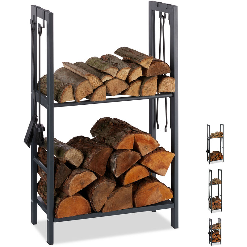 2-Tier Firewood Rack, Steel Wood Pile Shelf, 4 Hooks For Fireplace Tools, 100x60x30 cm, Anthracite - Relaxdays