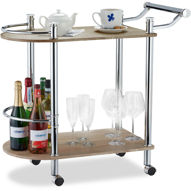 2-Tier Serving Cart, Wood Look, mdf and Steel, 4 Casters, With Handle, Bar Cart, HxWxD 76 x 39 x 82 cm, Brown - Relaxdays