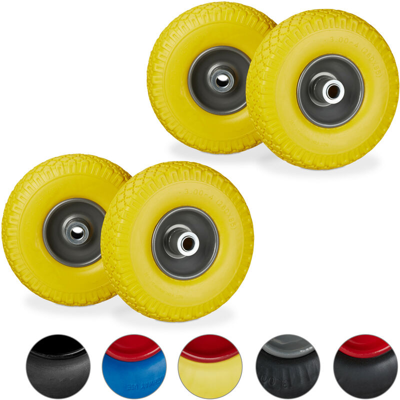 Set Of 4 Relaxdays Hand Truck Tyres, Non-flat Solid Rubber Wheels, 3.00-4”, 20mm Axle, 100 Kg, 260x85mm, Yellow/grey