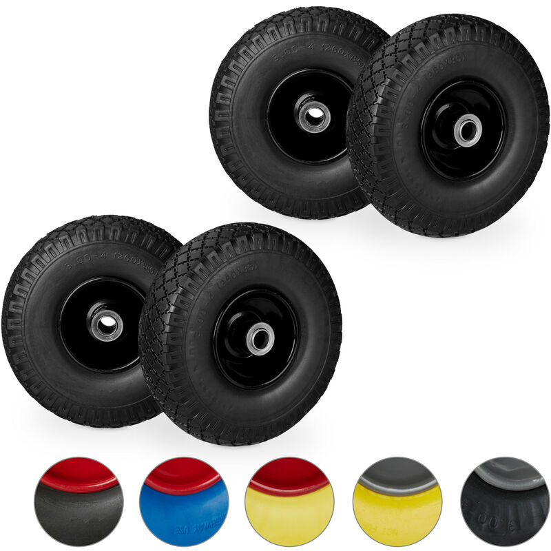 Set Of 4 Relaxdays Hand Truck Tyres, Non-flat Solid Rubber Wheels, 3.00-4”, 20mm Axle, 100 Kg, 260x85mm, Black