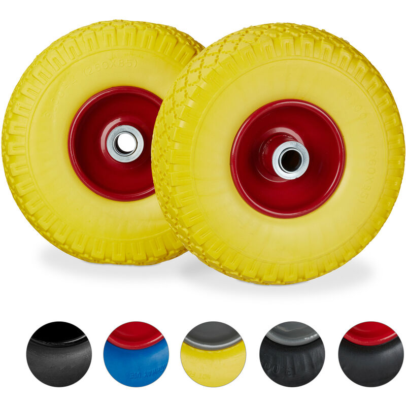 Relaxdays 2 x Hand Truck Tyre, Non-Flat Solid Rubber Wheels, 3.00-4”, 20mm Axle, 100 kg, 260 x 85 mm, Yellow-Red