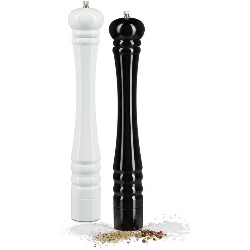 Relaxdays 2 X Wooden Pepper Mill, Ceramic Grinding Mechanism, Large, Size, 40 X 6 X 6 Cm, Classic Design, Black+white