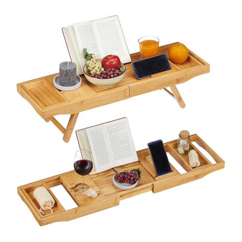 Relaxdays 2in1 Bamboo Bathtub Caddy & Serving Tray, Bookstand, Wine Holder, Bathroom Stand, 74.5 -114 cm, Extendible, Natural