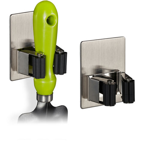 Relaxdays 2x Appliance Holder, Garden Tools, Garage, Wall Mounted, Basement, Broom, Mop, Hold Up, Load 3kg, Silver