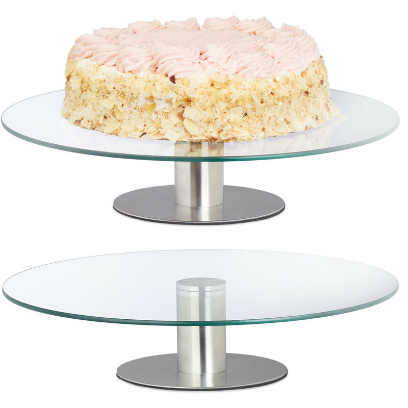 Relaxdays - 2x Cake Plates with Foot, Rotatable, HxØ: 7 x 30 cm, Round Pastry Serving Platter, Glass, Transparent/Silver