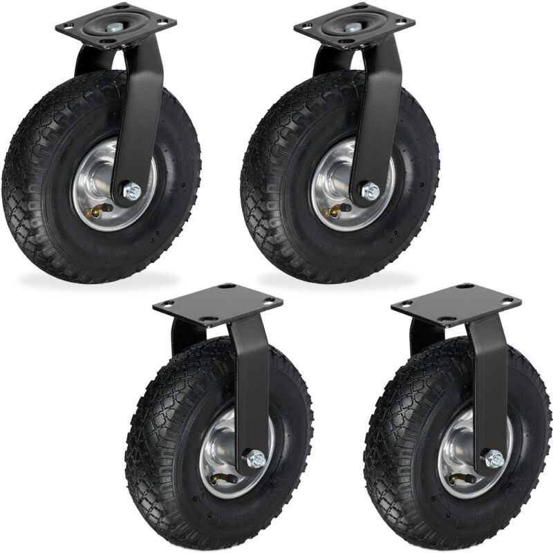 Relaxdays 2x fixed castors + 2x swivel castors, pneumatic heavy-duty wheels 3.00-4, 120 kg, black/silver