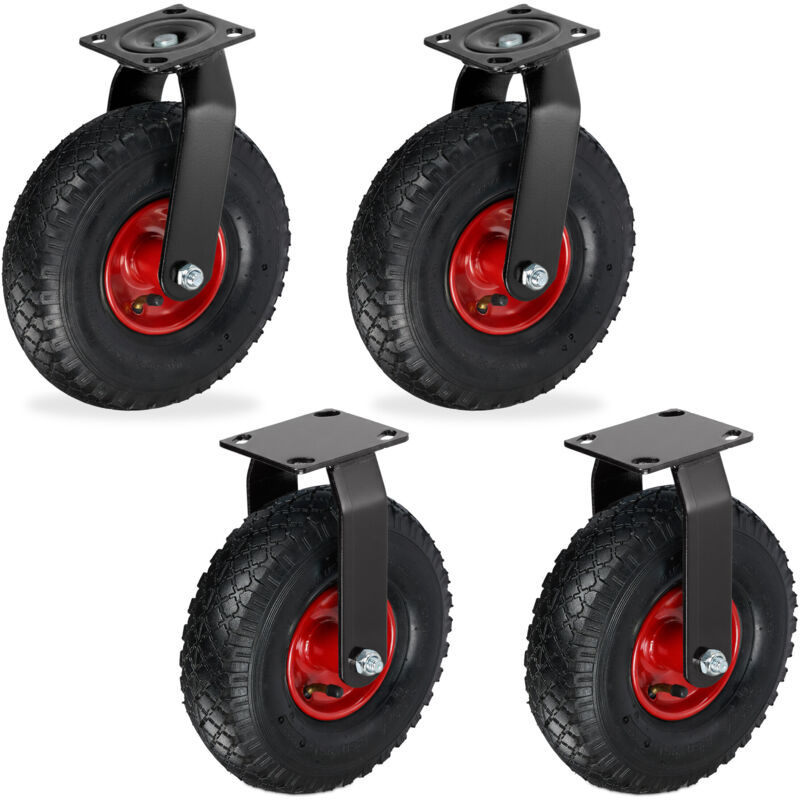 Relaxdays 2x fixed + 2x swivel castors, pneumatic heavy-duty 3.00-4 wheels, transport castors 120 kg, black/red