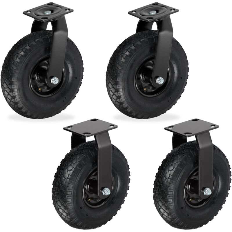 Relaxdays 2x fixed castors + 2x swivel castors set, pneumatic heavy-duty wheels 3.00-4, plate mount 120 kg, black