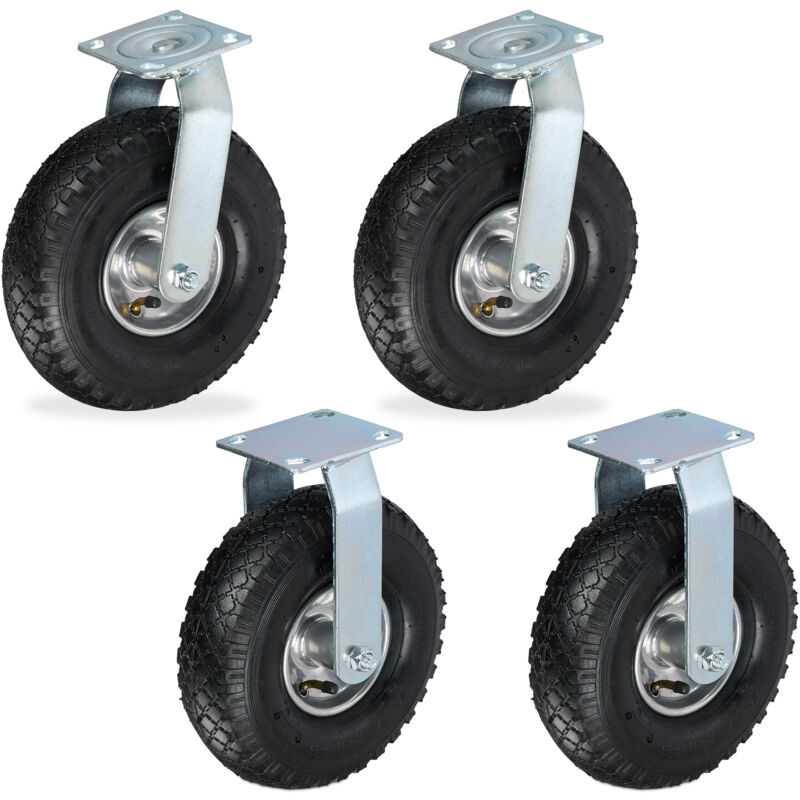 Relaxdays - 2x Fixed + 2x Swivel Castor Set, Heavy-duty Wheel With Pneumatic Tyres, 3.00-4, Transport 120 Kg, Black/silver