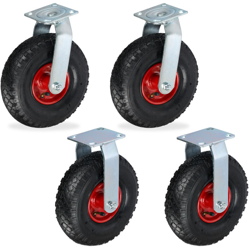 Relaxdays 2x Fixed + 2x Swivel Castor Set, Heavy-duty Wheel with Pneumatic Tyres, 3.00-4, Transport 120 kg,