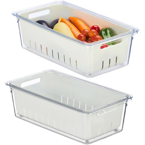 Relaxdays 2x Fridge Organiser, Stackable, Draining Basket, Food Organiser with Lid, 10 x 32 x 17.5 cm, Transparent/White