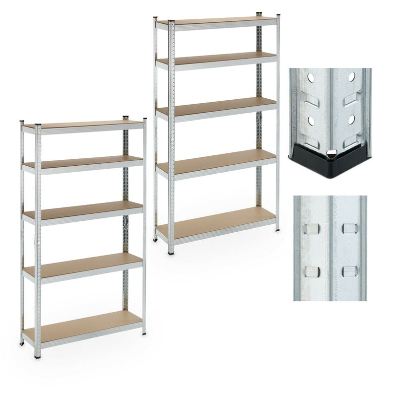 Relaxdays - 2x Heavy-duty Shelving, 5 Levels, 180 x 100 x 30 cm, up to 500 kg, Steel, Storage for Cellar & Garage, Silver