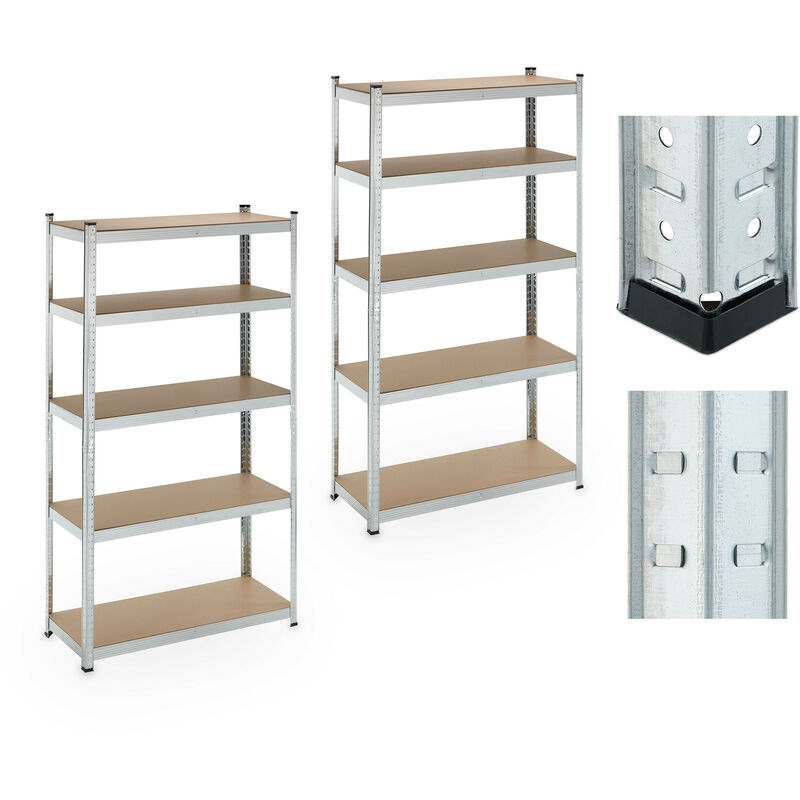 Relaxdays - 2x Heavy-duty Storage Shelf, 5 Levels, 180 x 100 x 40 cm, up to 500 kg, Steel, for Cellar & Garage, Silver