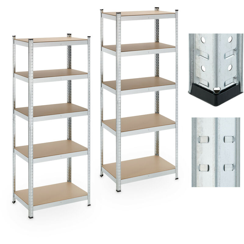 Relaxdays 2x Heavy-duty Storage Shelf, 5 Levels, 180 x 70 x 45 cm, up to 500 kg, Steel, for Cellar & Garage, Silver
