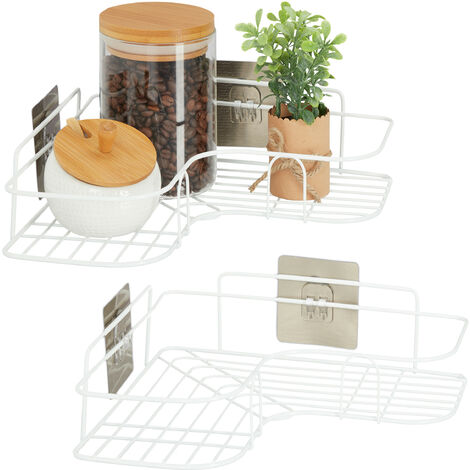 Relaxdays 2x Kitchen Corner Shelf, Adhesive Basket, Stick Up, Wall, Spice Rack, HxWxD: 5.5x26x26 cm, Iron, White