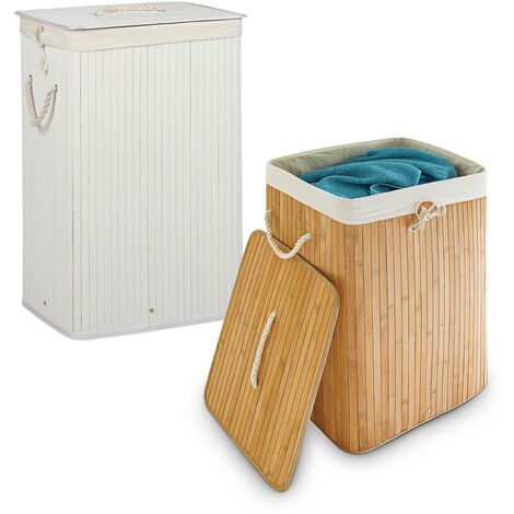 Relaxdays 2x Laundry Basket Set, Bamboo Clothes Separator System, Hamper & Removable Linen Bag, 83L each, Natural/White