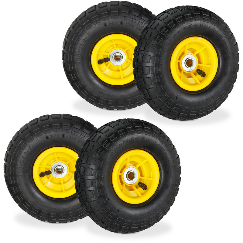 Relaxdays Set Of 4 Wheelbarrow Tyres, 4.1/3.5-4, Pneumatic Spare Wheel, 16 Mm Axle, Supports Up To 136 Kg, Black/yellow