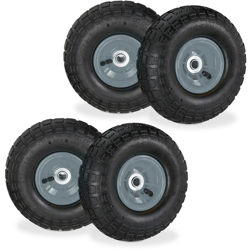 Relaxdays Set Of 4 Wheelbarrow Tyres, 4.1/3.5-4, Pneumatic Spare Wheel, 16 Mm Axle, Supports Up To 136 Kg, Black/grey