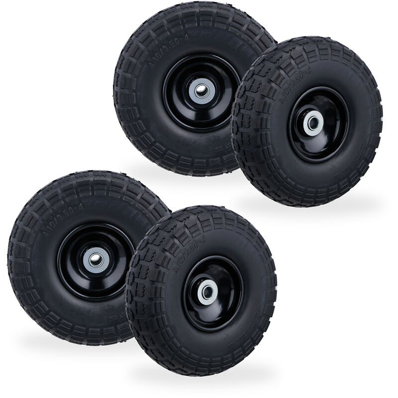 Set Of 4 Relaxdays Wheelbarrow Tyres, Puncture-proof Solid Rubber, 4.1/3.5-4, 16 Mm Axle, Spare Wheel, Black
