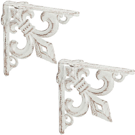 Relaxdays 2x Shelf Brackets, Cast Iron, Rack Support, Vintage Look, HWD: 14.5 x 3.5 x 14.5 cm, Angle for Shelves, White