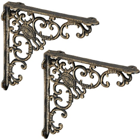 Relaxdays 2x Shelf Brackets, Cast Iron, Rack Support, Vintage Motif, HWD: 21.5 x 4 x 21.5 cm, Angle for Shelves, Bronze