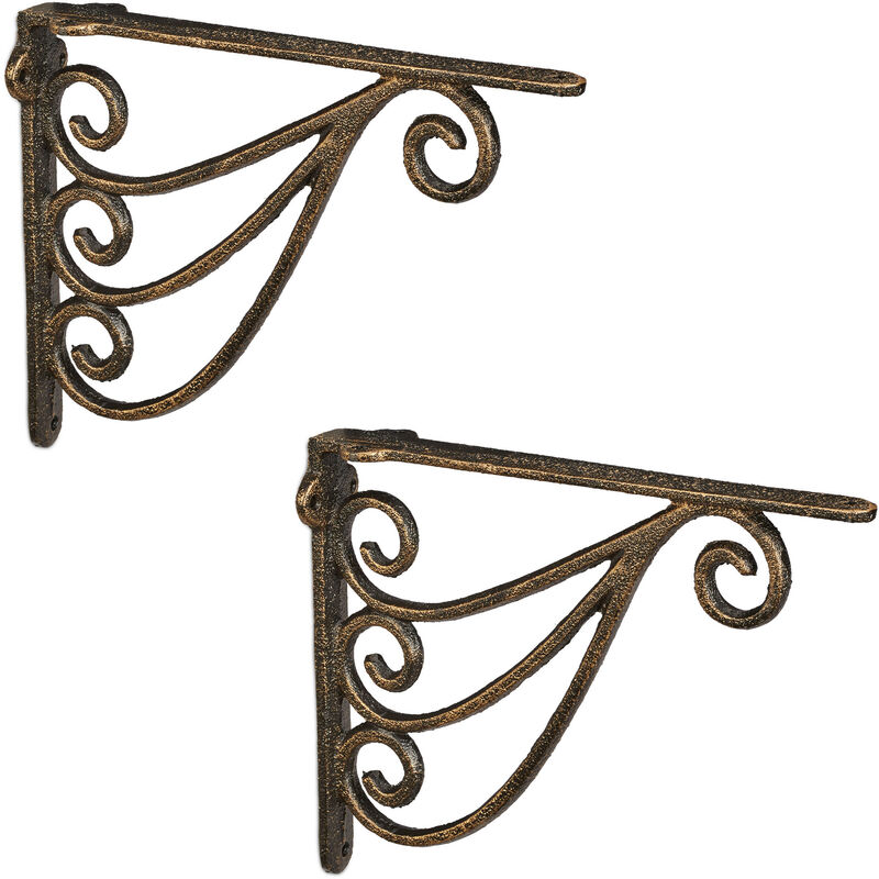 Relaxdays - 2x Shelf Brackets, Rack Support, Cast Iron, Vintage Look, hwd: 23.5 x 4 x 18 cm, Angle for Shelves Bronze