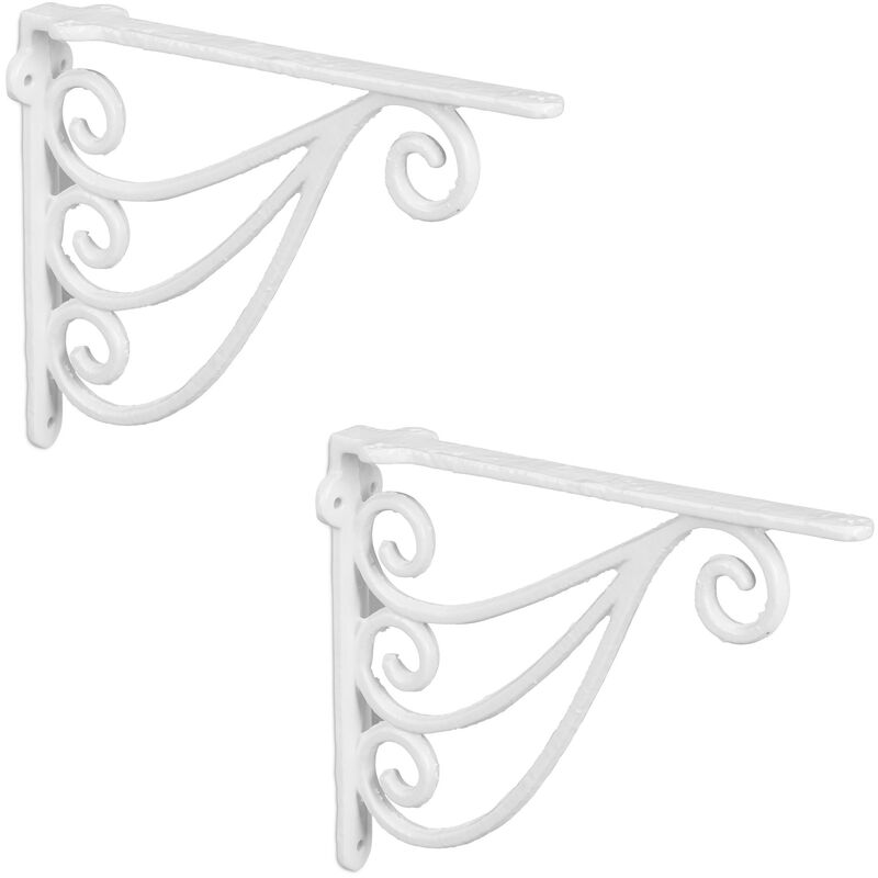 Relaxdays - 2x Shelf Brackets, Rack Support, Cast Iron, Vintage Look, hwd: 23.5 x 4 x 18 cm, Angle for Shelves, White