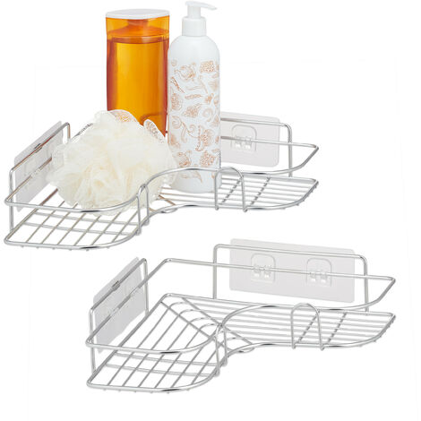 Relaxdays 2x Shower Corner Rack, Adhesive Bathroom Basket, Stainless Steel, Shampoo Shelf, HWD: 7x26.5x26.5cm, Silver