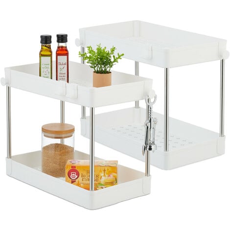 SMONTER Expandable Under Sink Organizer 2-Tier Adjustable Shelf Organizer  with 10 Removable Panels and Stainless Steel Pipes with Hooks