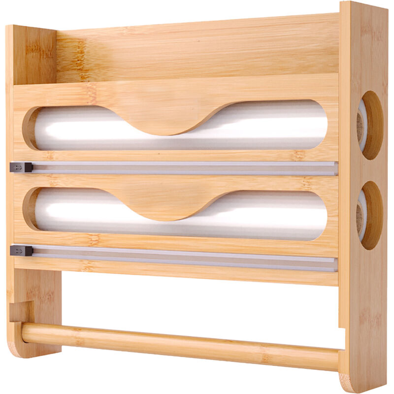 Relaxdays 3 In 1 Wall-mounted Roll Holder For Kitchen Roll, Foil, Cling Film, Bamboo, Hxwxd, 27 X 35 X 7 Cm, Natural