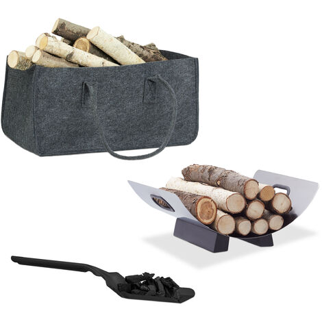 Relaxdays 3-piece Fireplace Set, Foldable Firewood Bag, Firewood Log Rack, Coal Shovel, Felt, Steel, Silver/Black/Grey