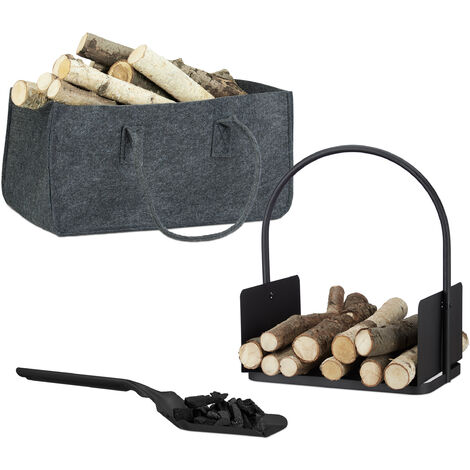 Relaxdays 3-piece Fireplace Set, Foldable Firewood Bag, Log Rack, Coal Shovel, Felt, Steel, Powder Coated, Black/Grey