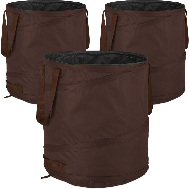 Relaxdays - 3 sacs de jardin autoportants, 85 l, système pop-up, 3 poignées chacun, résistants aux uv, étanches, marron