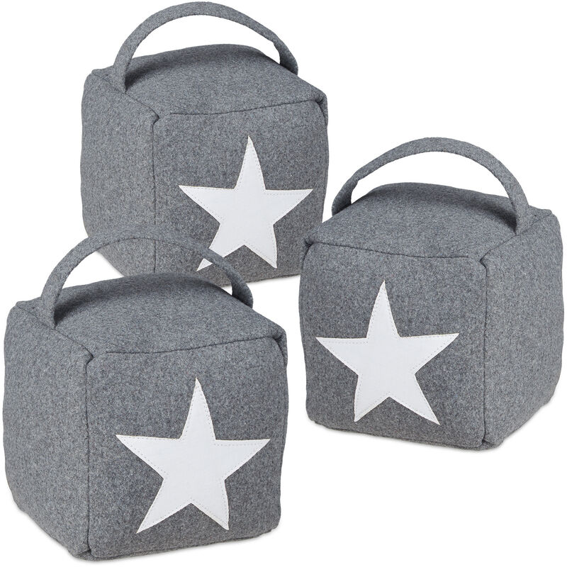 Set of 3 Relaxdays Star Door Stops, Fabric Bumper, Floor Doorstop, Tall, with Handle, HxWxD: 20 x 15 x 15 cm, Grey